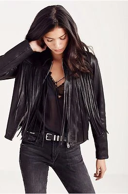 Chaqueta para mujer TRUE RELIGION de cuero con flecos Moto *NUEVA CON ETIQUETAS* venta al por menor $599 Foto 1 de 4
