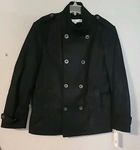 KENNETH COLE NY Wool Blend Double-Breasted Black Peacoat Snap Collar Mens Sz M - Picture 1 of 5
