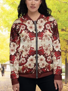 Japanese Floral Print Bomber Jacket Unisex Red White All-Over Streetwear Coat - Picture 1 of 24
