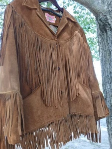 VTG SUEDE FRINGE WESTERN BOHO BIKER MS PIONEER JACKET women's XL SZ 18   #NR2 - Picture 1 of 18