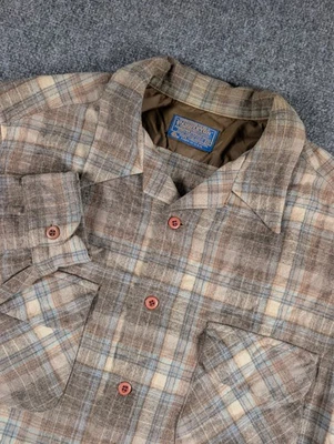 Camisa de Tablero de Lana Pendleton De Colección Para Hombres XL Marrón Cuello Lazo a Cuadros DEFECTOS Foto 1 de 4