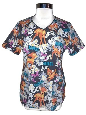 DISNEY Size M Scrub Top Bambi Flowers Butterflies - Image 1 of 4