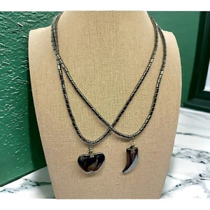 Vintage Hematite Italian Lucky Horn Heart Charm Pendant Two 2 Necklace 18"   - Picture 1 of 4