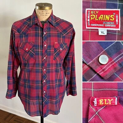 80s Vtg ELY PLAINS Pearl Snap Red Plaid sz XL Cowboy Western Shirt Rodeo - Image 1 of 4