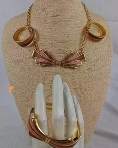 Vintage 1970's Necklace Earrings Bracelet~ Peach Brown Fabric Gold Tone - Picture 1 of 9