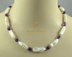 Perlenkette - weiße Süßwasser Perlen mit lila Amethyst 49 cm lang - Picture 1 of 2
