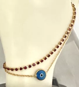Vintage BRACELET ANKLET Red Rhinestone Tennis Chain Blue Bead Unique Rare 8"+ - Picture 1 of 4
