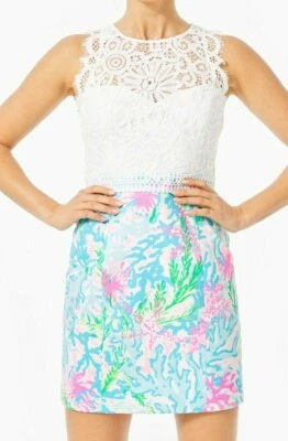 $268 NUEVO CON ETIQUETAS VESTIDO LILLY PULITZER Talla 16 SHARICE ENCAJE RIBETE ELÁSTICO CAMBIO CORAL BAY Foto 1 de 4