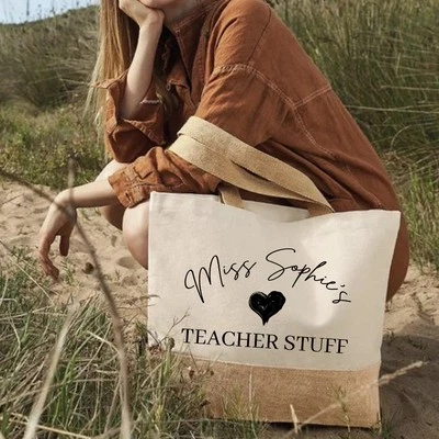 Personalised Teacher Bag - Thank You Teacher Gift - Jute Lunch Tote Bag #TD - Image 1 of 4