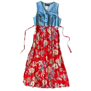 Abito vintage anni 90 cottage core denim gilet floreale prateria scuola insegnante Phoebe - Foto 1 di 11