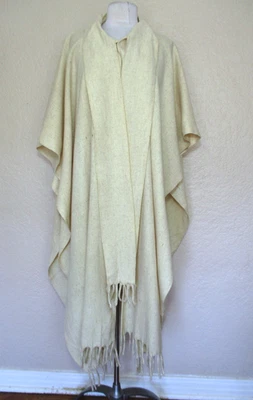 Casaco com capuz vintage poncho bege lã franja bainha cachecol anexado OS feminino - Imagem 1 de 4