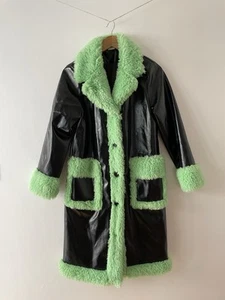 Skinny Dip Faux Leather Trenchcoat Neon Green Fuzzy Trim Size M Goth Alt (38) - Picture 1 of 11