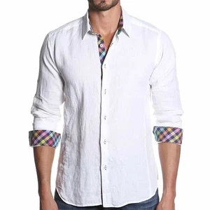 Jared Lang Mens White Linen Shirt Colorful Plaid Trim Flip Cuff Button Down Sz L - Picture 1 of 9
