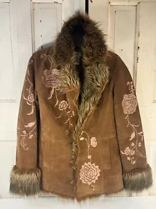 Vtg Y2K Penny Lane Style Cognac Brown Suede Pink Floral Faux Fur Coat Sz 10 70's - Picture 1 of 24