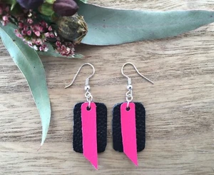 Leather Pink Black Layer Light Boho Statement Bar Dangle Silver Hook Earrings - Picture 1 of 5