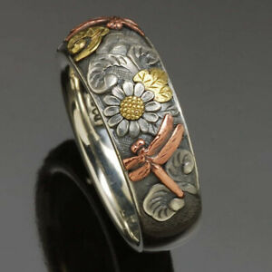 925 Silver Plated Ring Pretty Flower&dragonfly Jewelry Girl Party Gift Sz 6-10