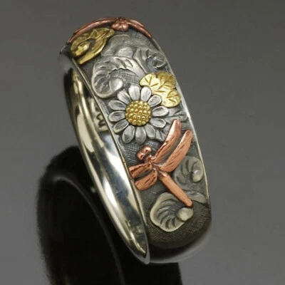 Anillo enchapado en plata 925 bonito flor y libélula joyería niña fiesta regalo talla 6-10 Foto 1 de 4