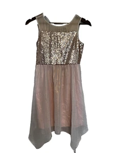 Girls Rare Editions Dress Sequin Hearts 14 Blush Gold Sheer Polyester Pink - Picture 1 of 7