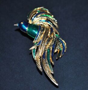 Broche vintage Oiseau Phénix en métal doré émaillé vert et bleu