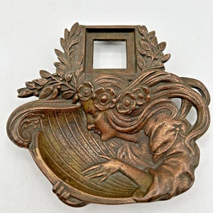 Antique Ancient Goddess Playing The Harp Ash TRAY Ink Stand Brass Plate - Picture 1 of 9