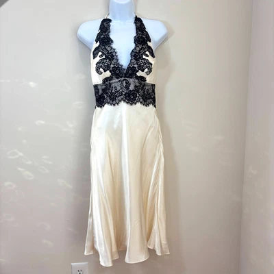 象牙色丝绸懒人迷笛连衣裙黑色蕾丝装饰吊带女式 0 Coquette 新娘 Y2K — 第 1/4 张图片