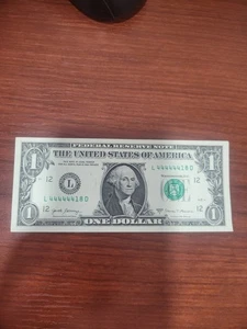 2017A $1 One Dollar Bill Note Fancy Serial Number L44444418D NEAR SOLID 4'S - Picture 1 of 18