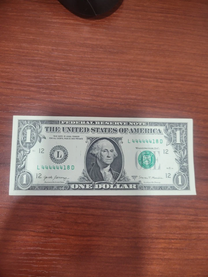 2017A $1 One Dollar Bill Note Fancy Serial Number L44444418D NEAR SOLID 4'S - Image 1 of 4