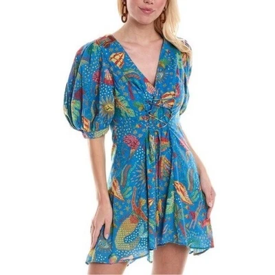 NUEVO Mini Vestido Farm Rio Ocean Stories Mangas Abullonadas Cuello en V Tropical Boho Talla XL Foto 1 de 4