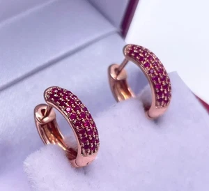 Dainty 1.60Ct Created Red Ruby Huggie Tiny Hoop Earrings 14K Rose Gold Plated - Picture 1 of 5