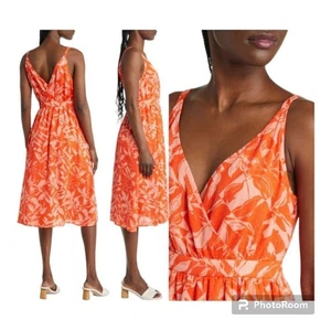 Chelsea28 XL Floral Faux Wrap Bodice Midi Dress Tangerine - Picture 1 of 8
