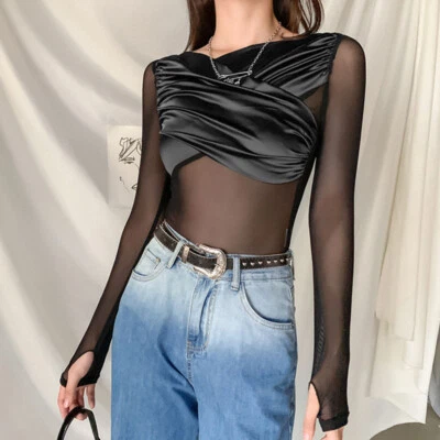 Damen Netz Durchsichtig Turnanzug Einteilig Body Splice Langärmelig Sexy Sommer - Bild 1 von 4