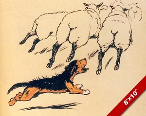 CHASING SHEEP PET PUPPY DOG ANIMAL ART CECIL ALDIN PAINTING PRINT ON REAL CANVAS - Picture 1 of 1