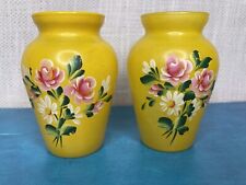 PAIR 2 Small Vintage Painted Glass YELLOW  VASES FLORAL ROSE DAISY Pink White