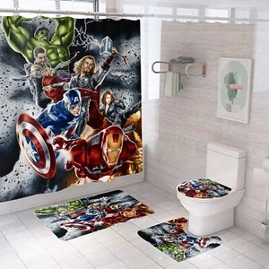 Avengers Superhero Bathroom Rugs Set Shower Curtain Non-Slip Toilet Lid Cover - Picture 1 of 12