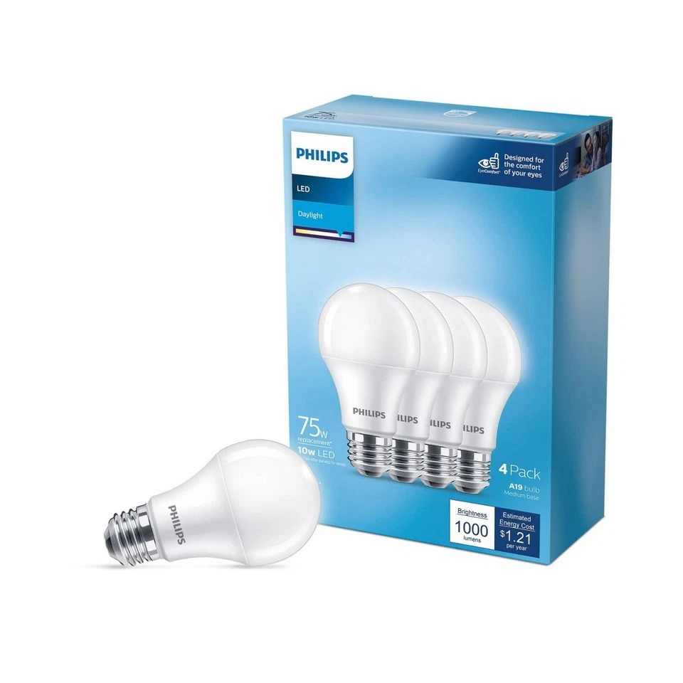 Philips LED 75W Frosted Daylight Non-Dim A19 1100 Lumens E26 Light Bulb, 4-Pack - Image 1 of 1