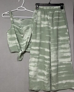 H&M Outfit Wide Leg Pants & top set Girls Size 18 Green Printed Boho Festival - Picture 1 of 8