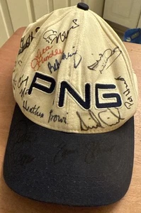 Vintage Ping by Karsten signierter Golfhut weiß marine Strapback 19 Signaturen selten - Bild 1 von 10