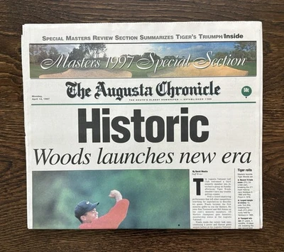 RARE 1997 Tiger Woods Masters 'Historic' Complete Augusta Chronicle 4/14/97 - Image 1 of 3
