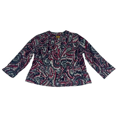 Ruby Rd. Paisley Button Up Crop Jacket Women's 10 Gray Red Pockets Long Sleeve Foto 1 de 4