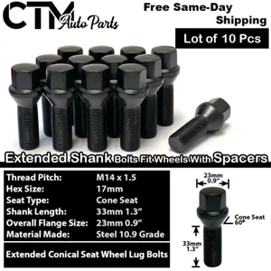 10x Black 14x1.5 Cone Seat Lug Bolts 33mm Shank Fit BMW & EU with 3-8mm Spacer - Picture 1 of 5