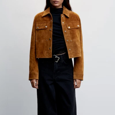 Женская настоящая коричневая замшевая кожаная укороченная куртка на серебряной пуговице роскошная кожаная куртка - Изображение 1 из 4