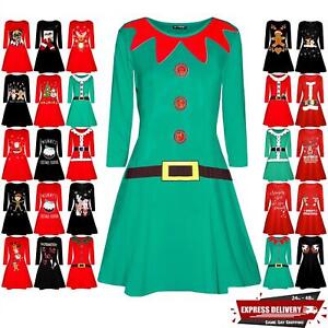 Womens Christmas Xmas Ladies Elf Santa's Little Helper Belt Costume Swing Dress