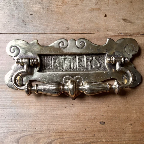 LARGE Victorian Solid Brass Letter Box Flap & Door Knocker Door Pull Old Cover