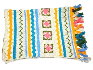 Vintage Hand Crochet Afghan Throw Blanket Tassel Colorful Stripe Square 59"x75" - Picture 1 of 4