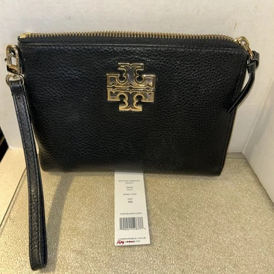 Tory Burch Britten Large Zip Pouch Wallet Wristlet Black Pebbled Leather - Image 1 of 4