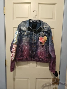 Create 2MRW Jean Denim Jacket Men's Sz M Distressed Vinyl Print Painted Patch - Picture 1 of 24