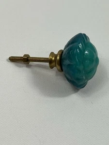 Aqua Türkis Blau Schublade Zugknopf Glas Messing Vintage Markenlos Blumen Design - Bild 1 von 12