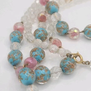 Vintage Venetian Beaded Necklace Foiled Art Glass Pink Blue Flapper Opera 52" - Picture 1 of 14