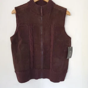 DESIGNERS STUDIO M Brown Suede Sweater Vest Full Zip NWT Mock Neck 70s Hippie - Picture 1 of 12
