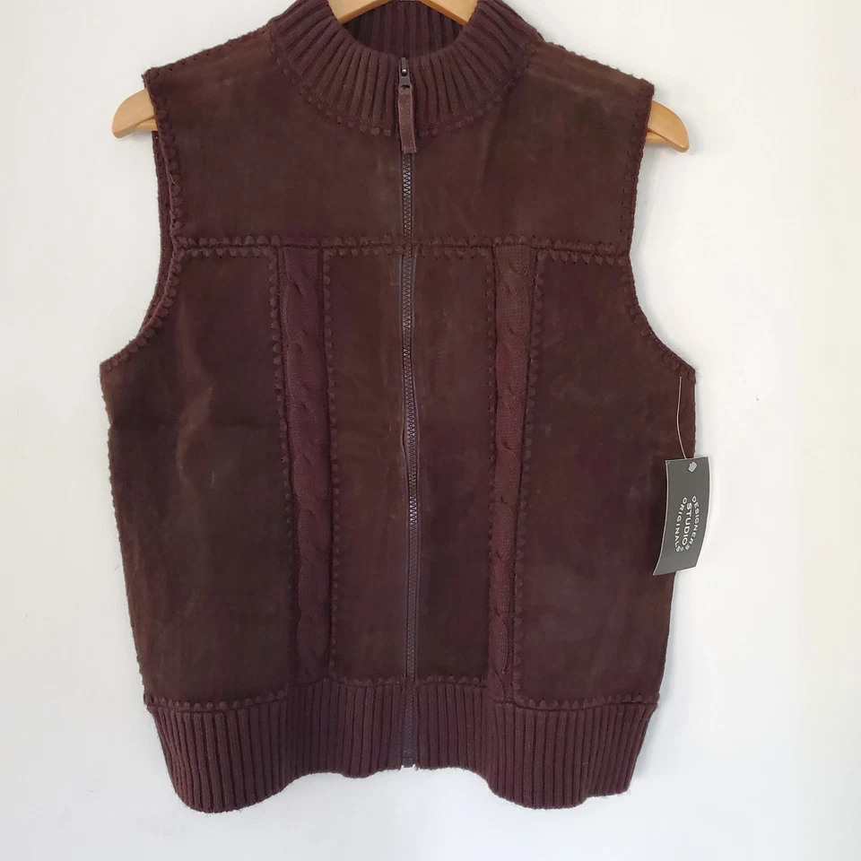 DESIGNERS STUDIO M Brown Suede Sweater Vest Full Zip NWT Mock Neck 70s Hippie - Image 1 of 4